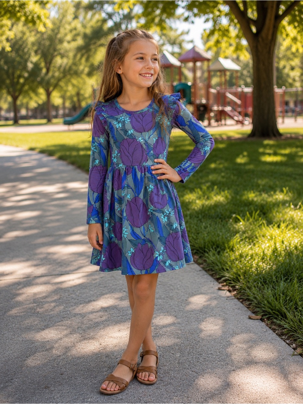 Tea size 6 purple and green floral retro print ruffle detail long sleeve dress